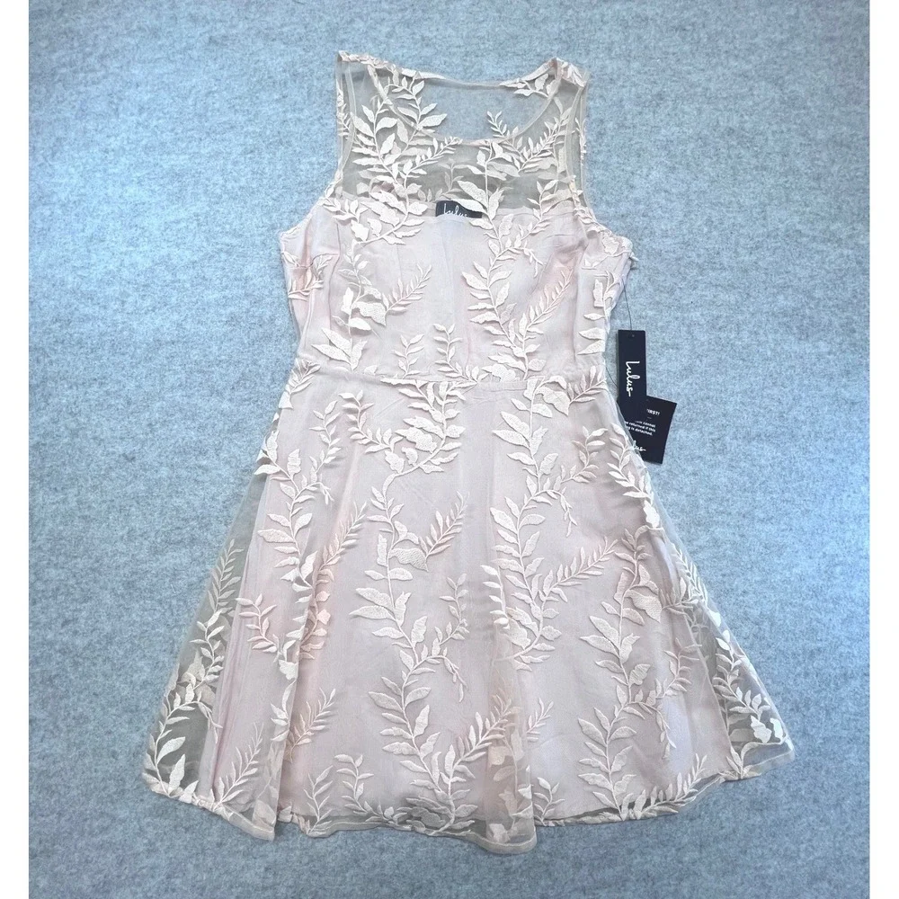 Lulus Blush Pink Floral Embroidered Mesh Sleeveless Fit Flare Dress Size M